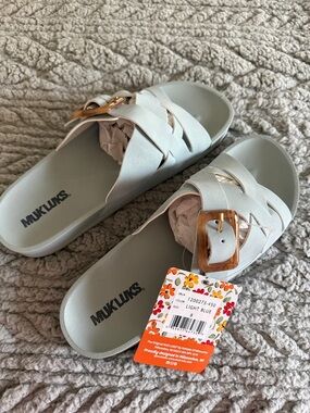 Muk Luks Light Blue Slide Sandals with Tortoiseshell Buckle